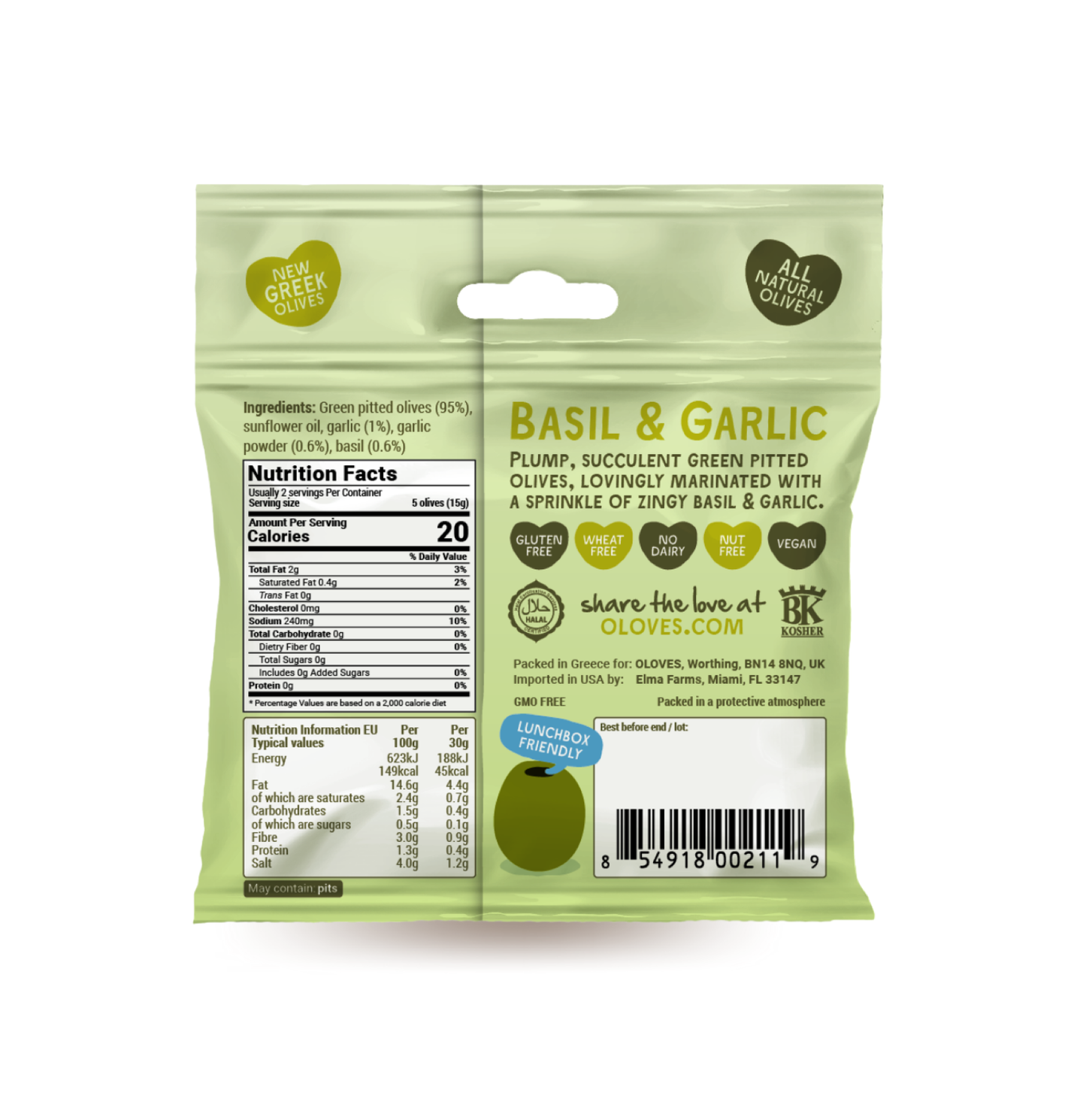 Oloves - Basil & Garlic Pitted Green Olives 1.1oz
