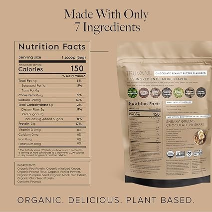 Truvani Organic Chocolate Peanut Butter Plant Based Protein, 25.75 oz