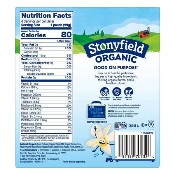 Stonyfield Organic ZERO Added Sugar Kids Pouch Vanilla 4 Count, 3.5 oz