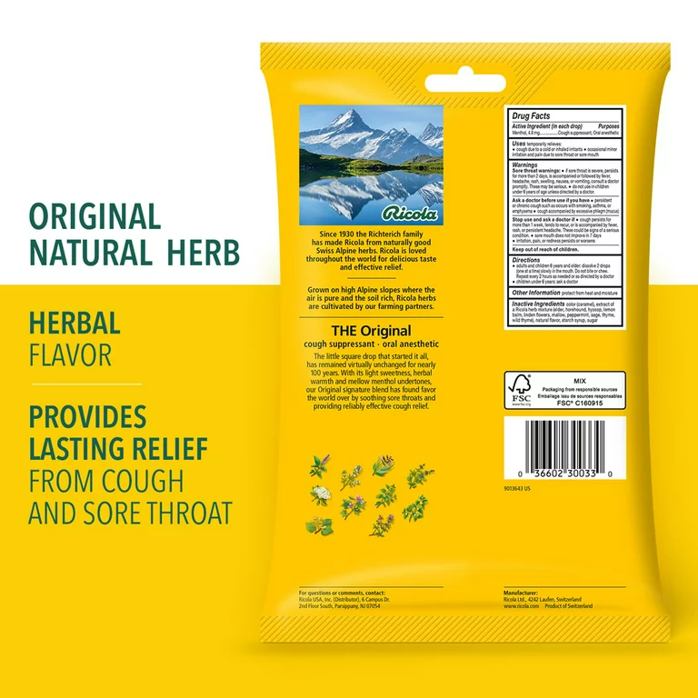 Ricola Cough Drops Soothing Relief for Dry Sore Throat Original Herb, 45 Count
