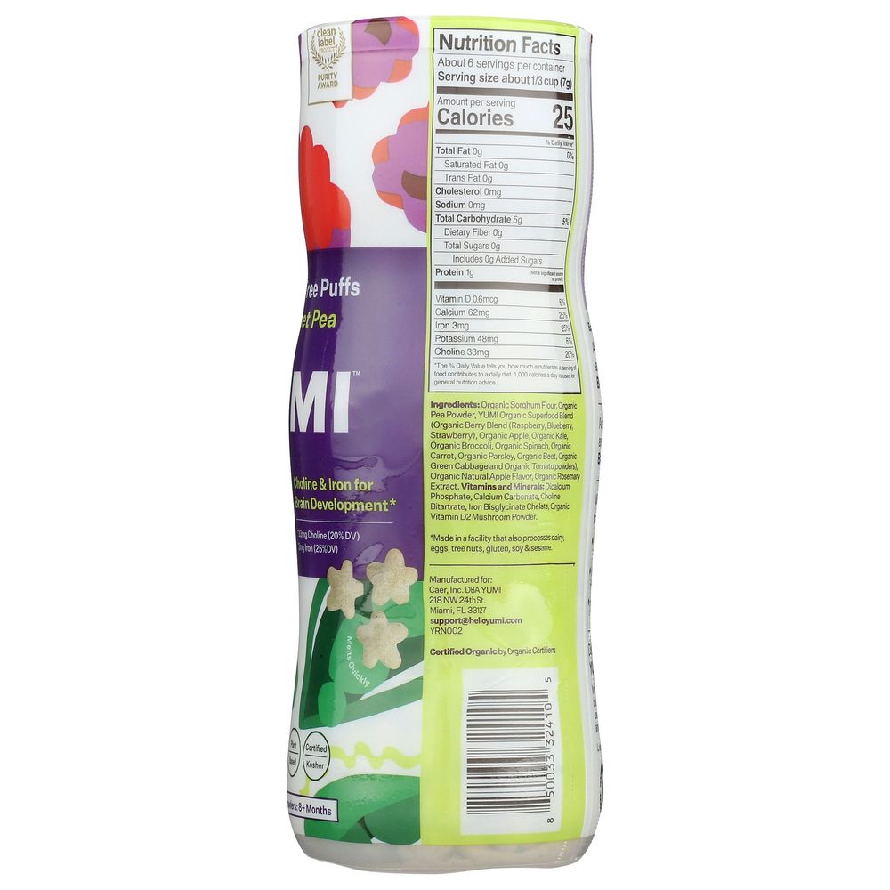 Yumi Organic Berry Sweet Pea Rice Free Puffs, 1.5 oz
