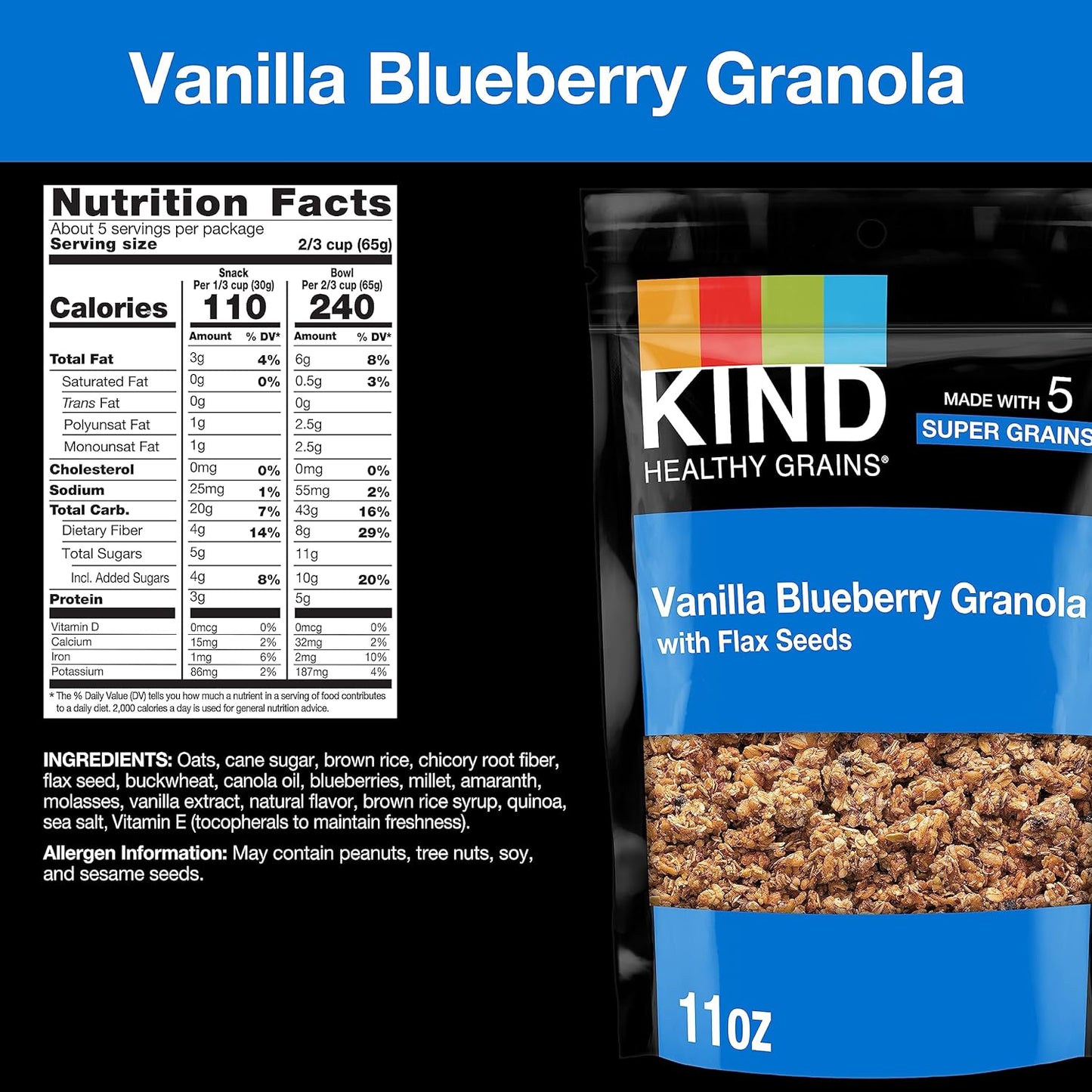 KIND Healthy Vanilla Blueberry with Flax Seeds Clusters, 11 oz