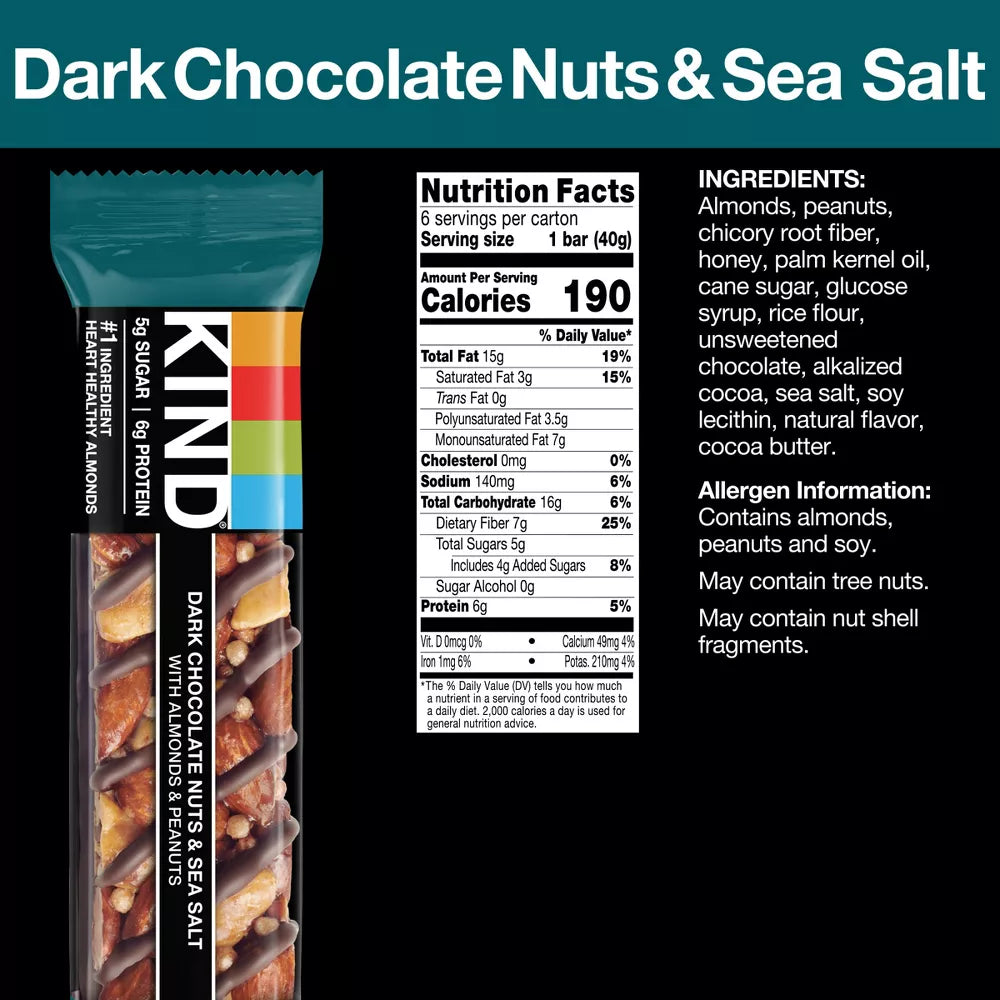 KIND Bars Dark Chocolate Nuts & Sea Salt Gluten Free Snacks, 6 Count