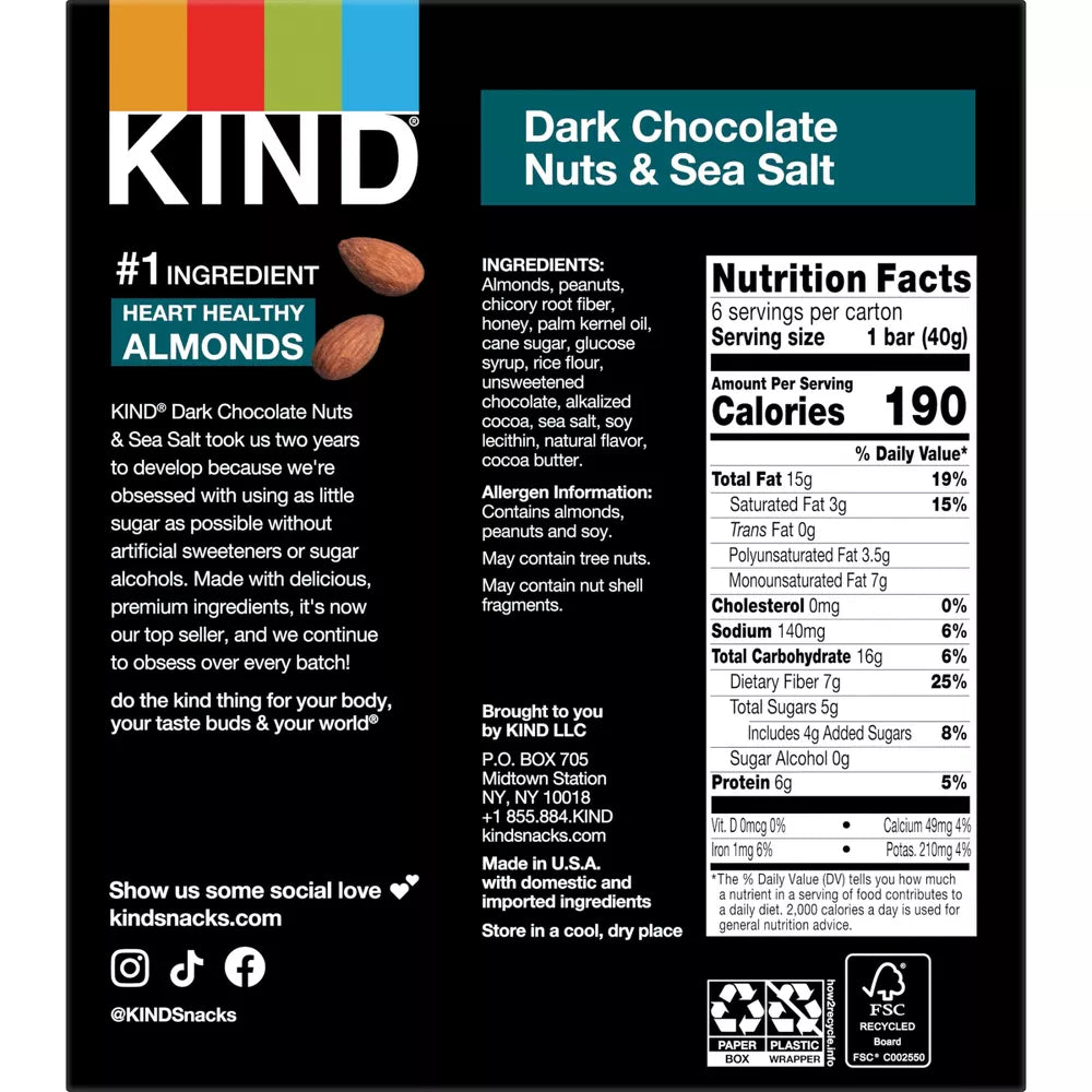 KIND Bars Dark Chocolate Nuts & Sea Salt Gluten Free Snacks, 6 Count