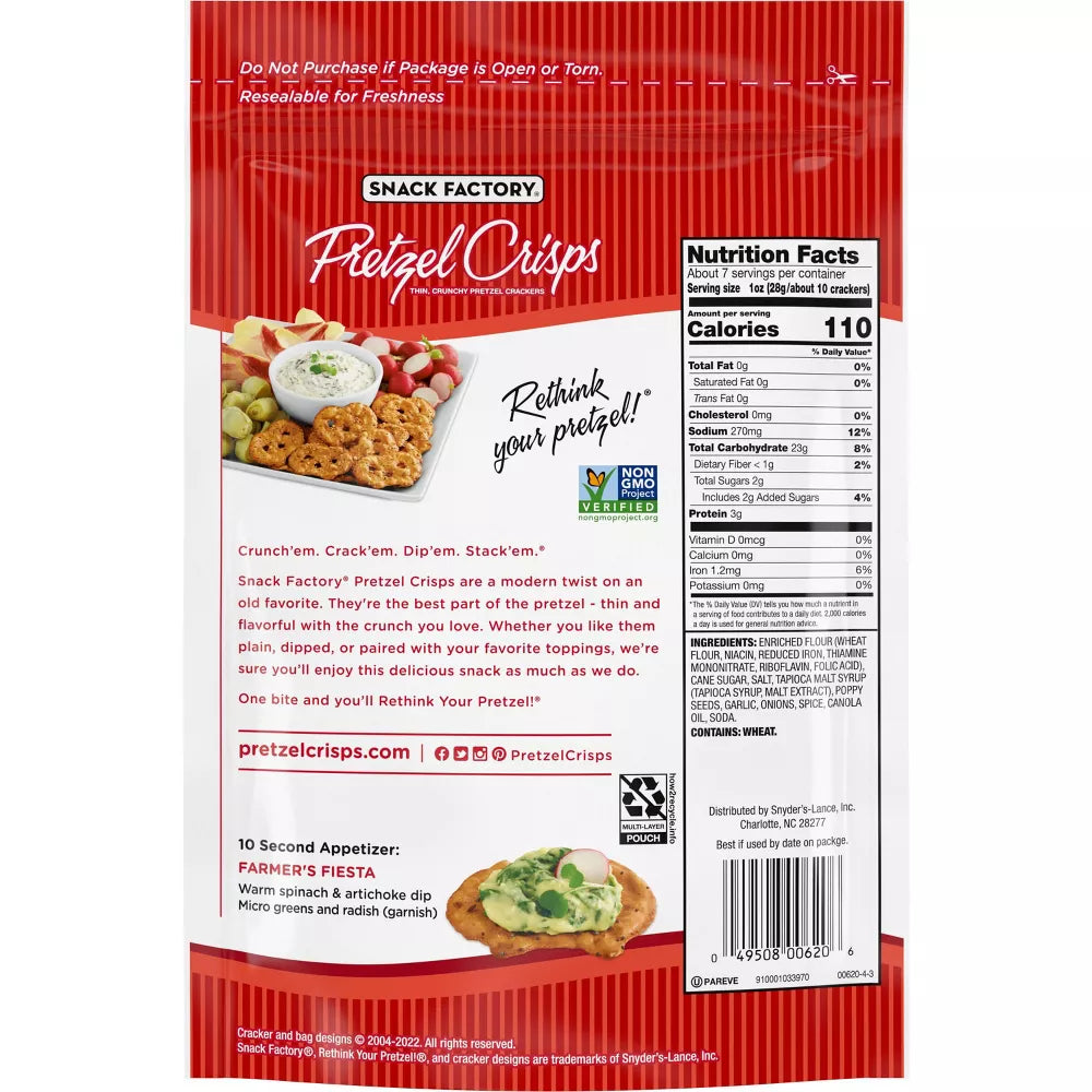 Snack Factory Everything Pretzel Crisps, 7.2 oz