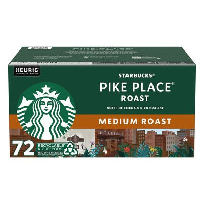 Starbucks Medium Roast K-Cup Coffee Pods Pike Place, 72 Count