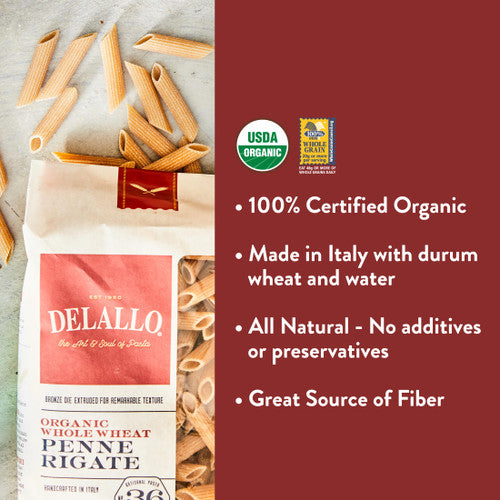 Delallo Organic Whole Wheat Penne Rigate, 16 oz