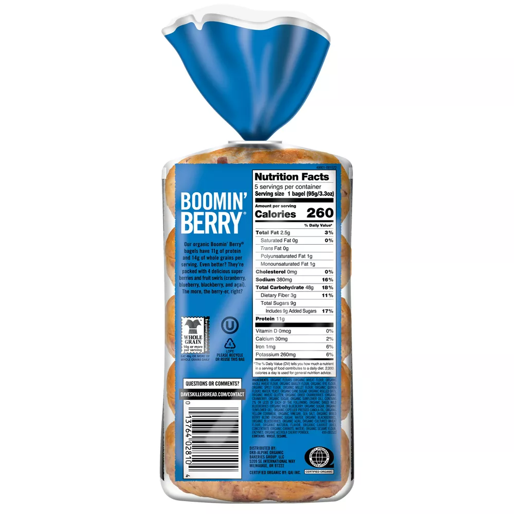 Dave's Killer Bread Boomin Berry Organic Bagels, 16.75 oz