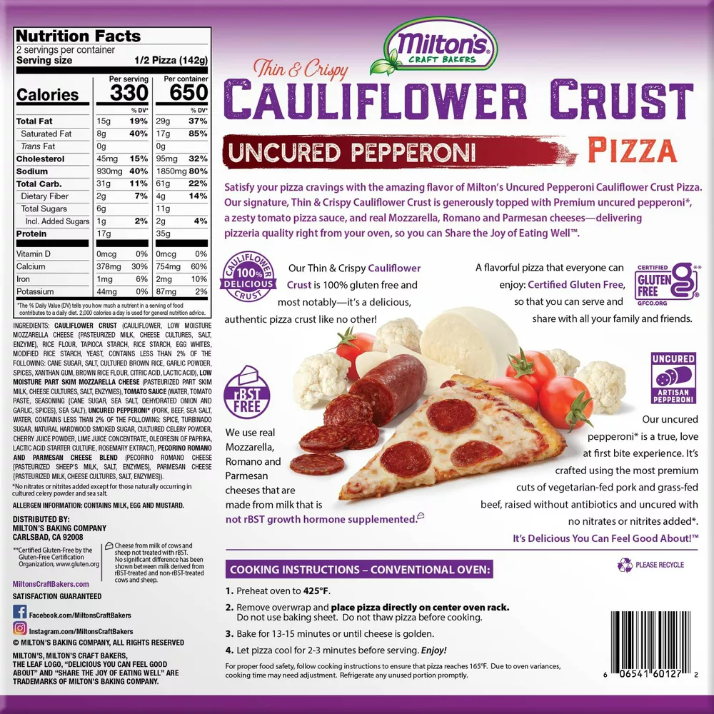 Milton's Frozen Uncured Pepperoni Cauliflower Crust Pizza, 10 oz