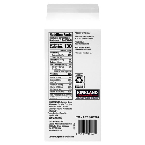 Kirkland Signature Organic Lactose Free 2% Milk, 64 oz, 4-count
