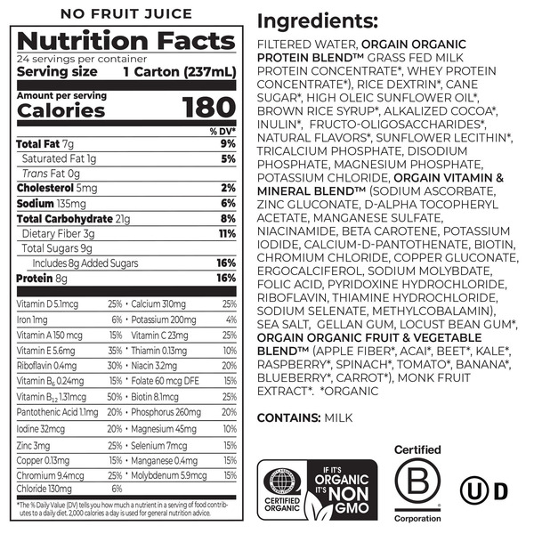 Orgain USDA Organic Kids Nutritional Protein Shake, Chocolate, 8 fl oz, 24-pack