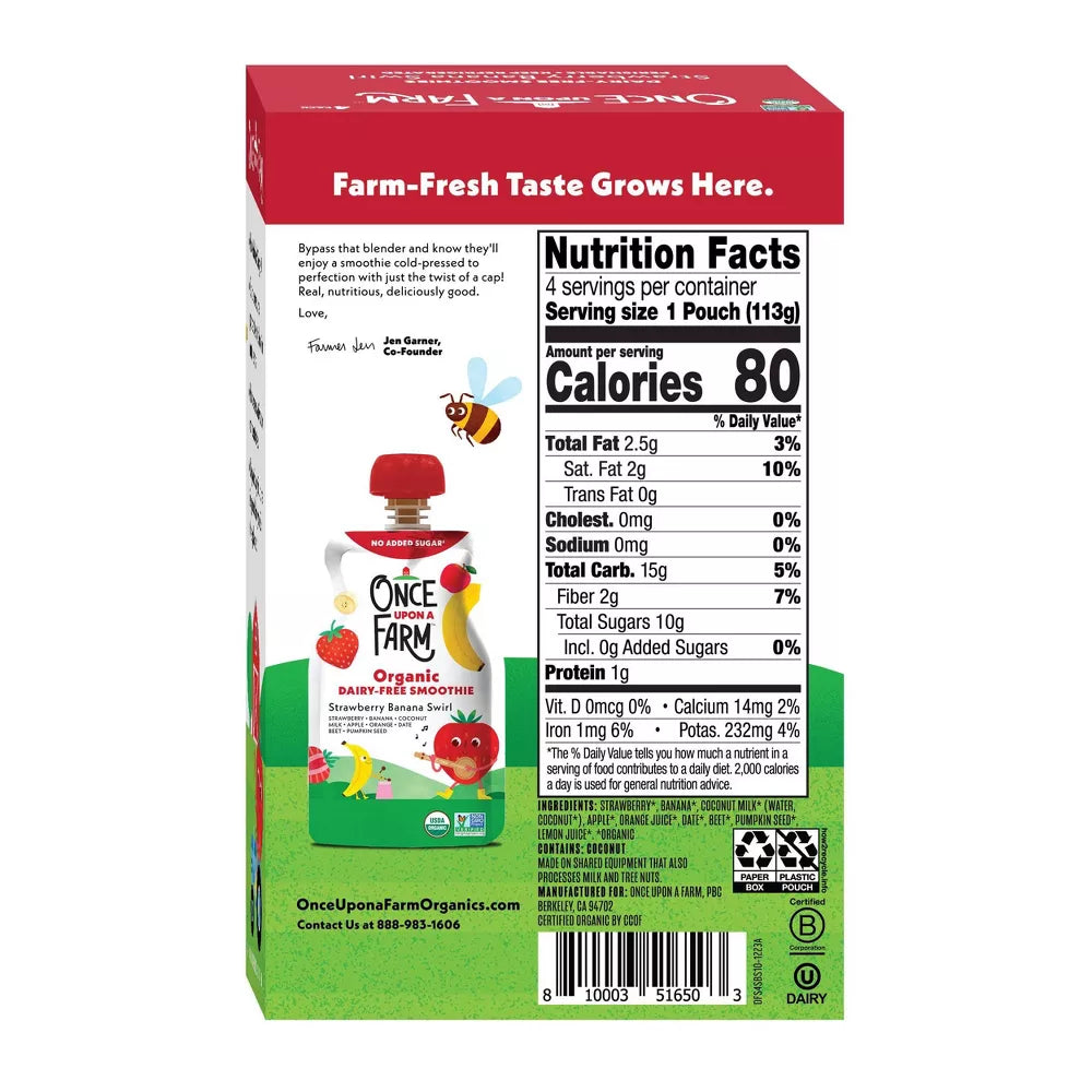Once Upon a Farm Strawberry Banana Swirl Organic Dairy-Free Kids' Smoothie, 4 Count