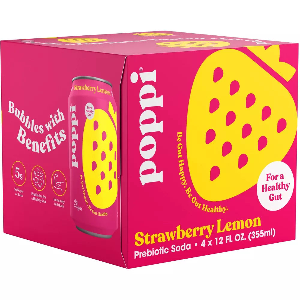 Poppi Strawberry Lemon Prebiotic Soda, 4 Count