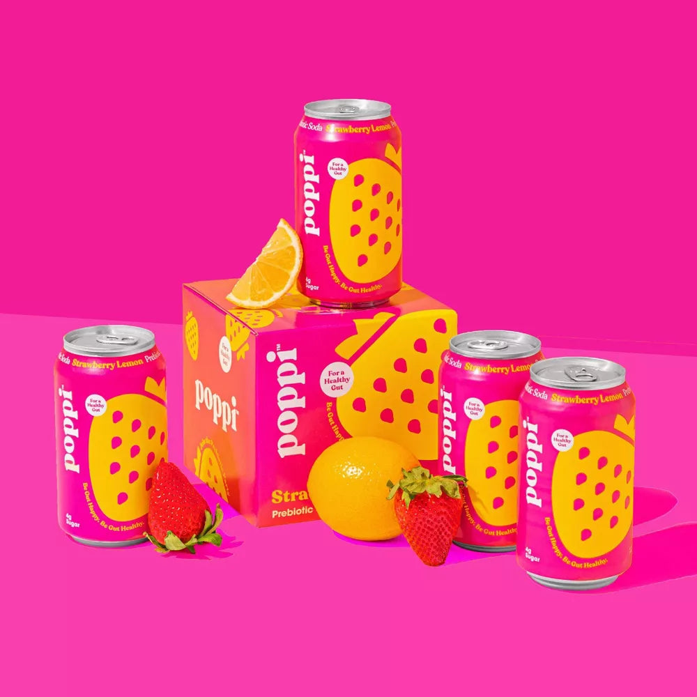 Poppi Strawberry Lemon Prebiotic Soda, 4 Count