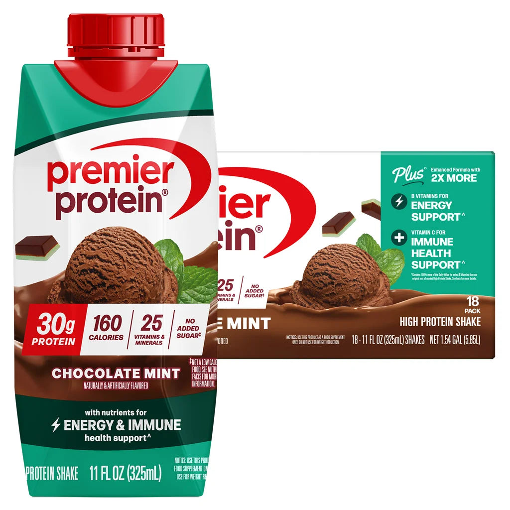 Premier 30g Protein PLUS Energy and Immune Support Shakes, Chocolate Mint, 11 fl oz, 18-pack