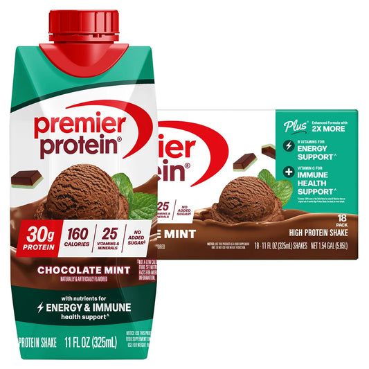 Premier 30g Protein PLUS Energy and Immune Support Shakes, Chocolate Mint, 11 fl oz, 18-pack