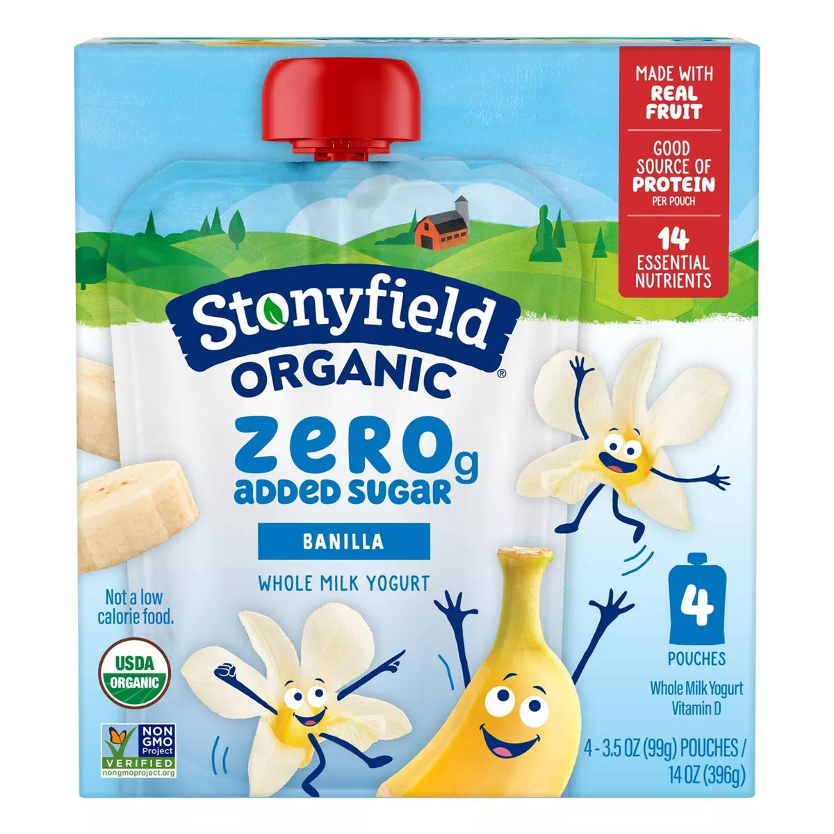 Stonyfield Organic ZERO Added Sugar Kids Pouch Vanilla 4 Count, 3.5 oz