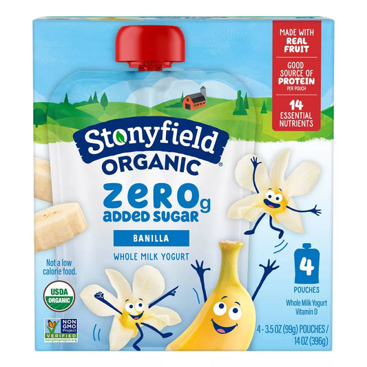 Stonyfield Organic ZERO Added Sugar Kids Pouch Vanilla 4 Count, 3.5 oz