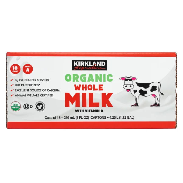 Kirkland Signature Organic Whole Milk 18 ct, 8 oz