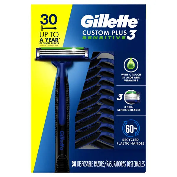 Gillette Custom Plus3 Disposable Razors Sensitive, 30 Count