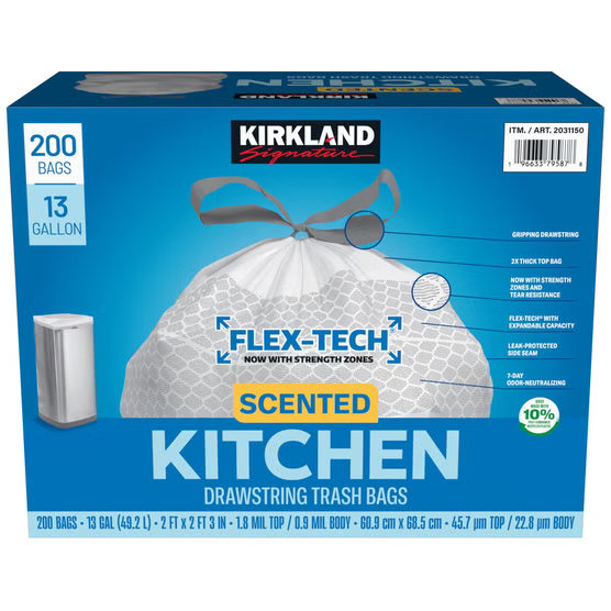 Kirkland Signature Scented Kitchen Drawstring Trash Bags, Flex-Tech, Fresh Scent, White, 13 Gallon, 200 ct