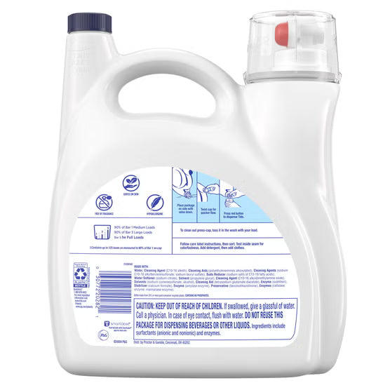 Tide Advanced Care Liquid Laundry Detergent, Free & Gentle, 125 Loads, 154 fl oz