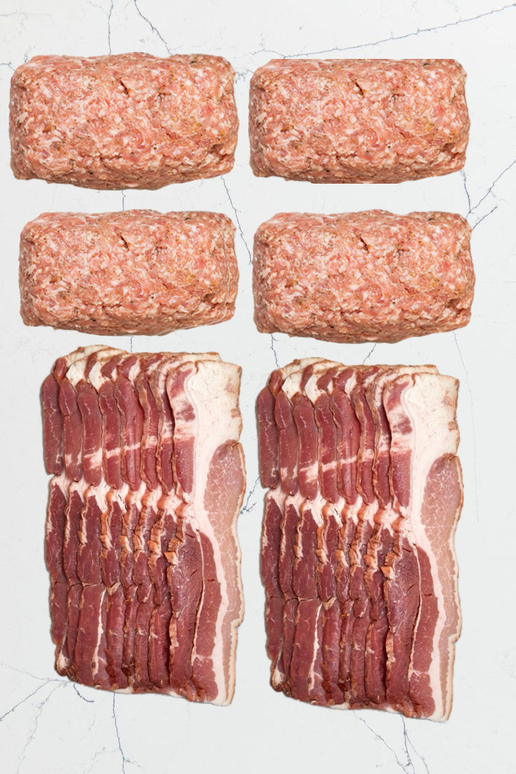 Kuhn Family Meats - Breakfast Mix, 2lb Bacon, 4lb Breakfast Sausage | $6.49/lb.