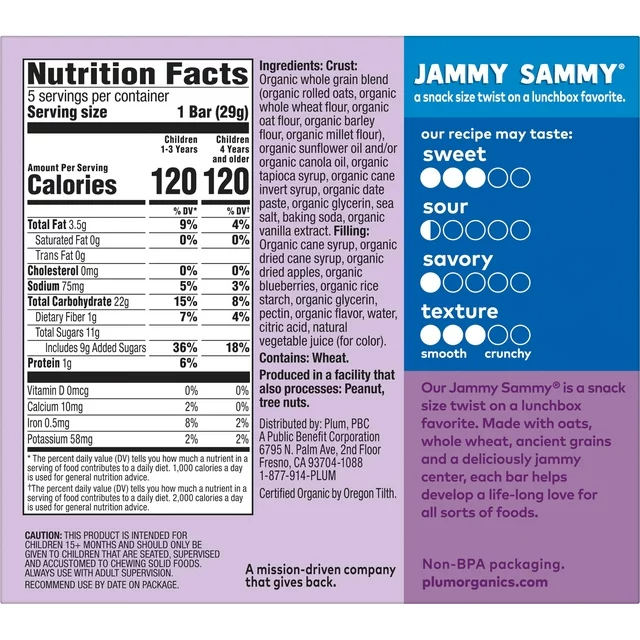 Plum Organics Jammy Sammy Snack Bars, Blueberry and Oatmeal, 1.02 oz Bars, 5 Count