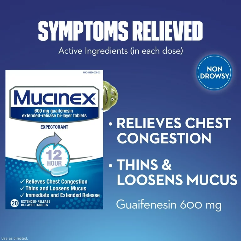 Chest Congestion, Mucinex Expectorant 12 Hour Extended Release Tablets, 20ct, 600 mg Guaifenesin with Extended Relief of Chest Congestion