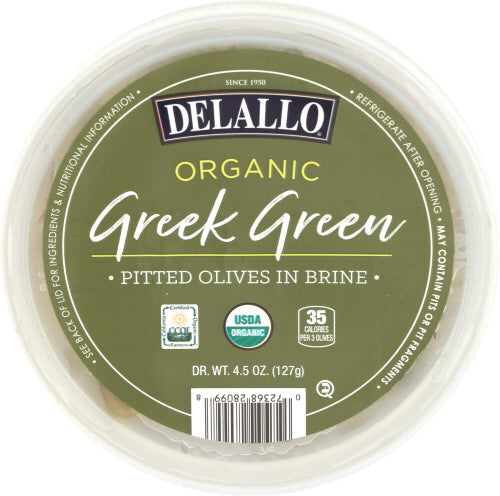 Delallo Organic Greek Green Pitted Olives, 4.5 oz