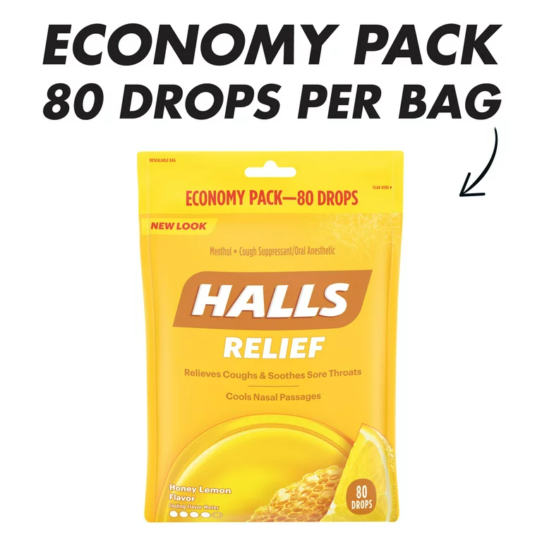 HALLS Relief Honey Lemon Cough Drops, Economy Pack, 80 Drops