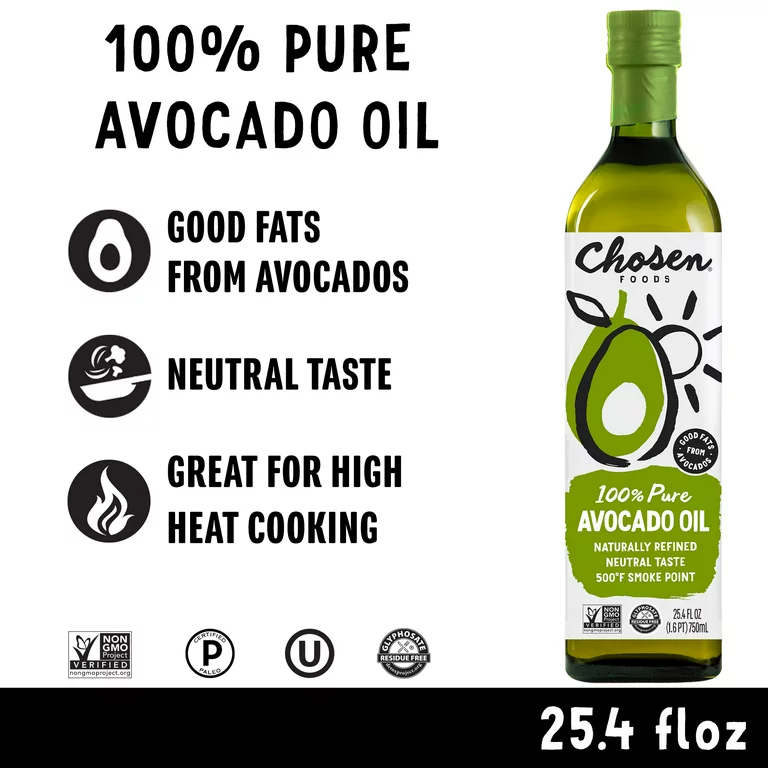 Chosen Foods 100% Pure Avocado Oil, 25.4 floz Glass Bottle, Non-GMO