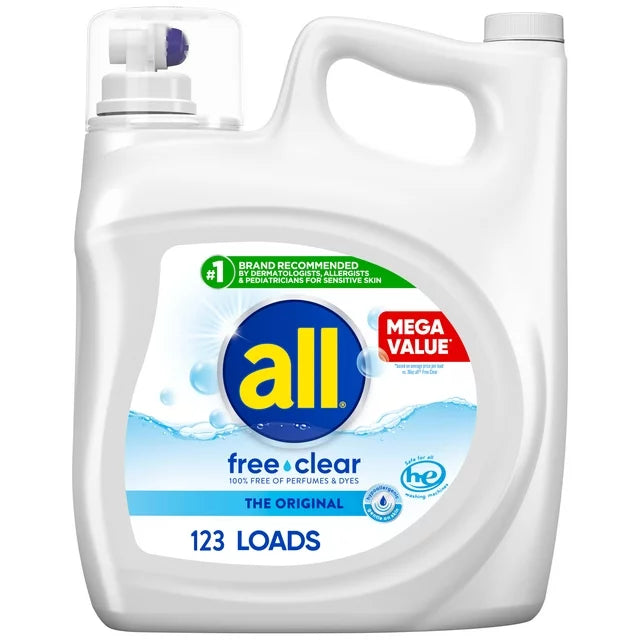 All Liquid Laundry Detergent, Free Clear for Sensitive Skin, 184.5 Ounce, 123 Loads