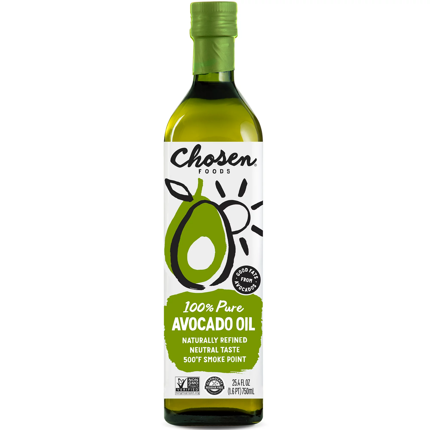 Chosen Foods 100% Pure Avocado Oil, 25.4 floz Glass Bottle, Non-GMO