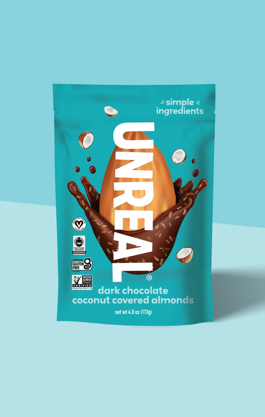 UNREAL dark chocolate coconut covered almonds 4 oz