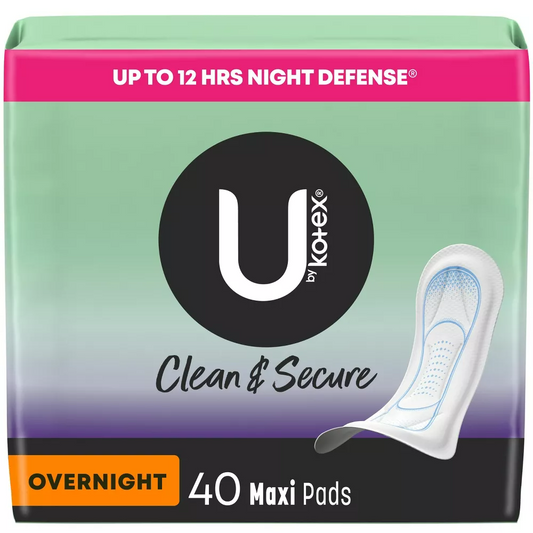 U by Kotex Clean & Secure Unscented Overnight Absorbency Fragrance Free Maxi Pads, 40 Count