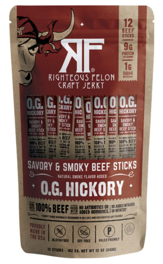 Righteous Felon Craft Jerky, O.G. Hickory Beef Stick, 1 oz, 12-count