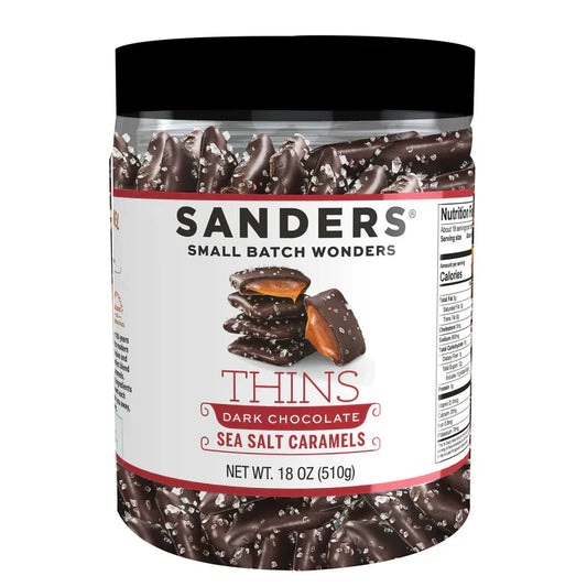 Sanders Dark Chocolate Sea Salt Caramels Thins Tub 18 OZ.