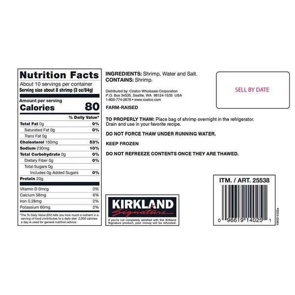 Kirkland Signature Cooked Shrimp, 31-40 Farm Raised Tail-On Peeled & Deveined, 2lb