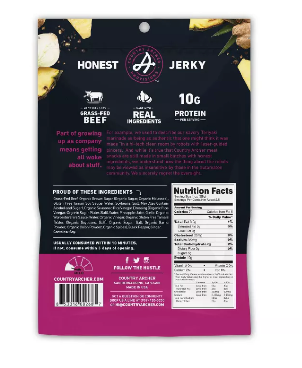 Country Archer All Natural Grass Fed Teriyaki Beef Jerky - 2.5oz