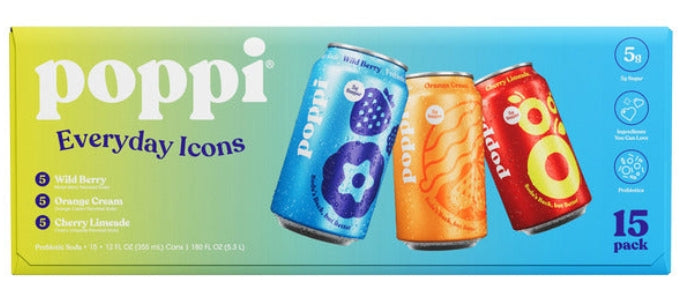 Poppi Prebiotic Soda, Variety Pack, 12 fl oz, 15 ct
