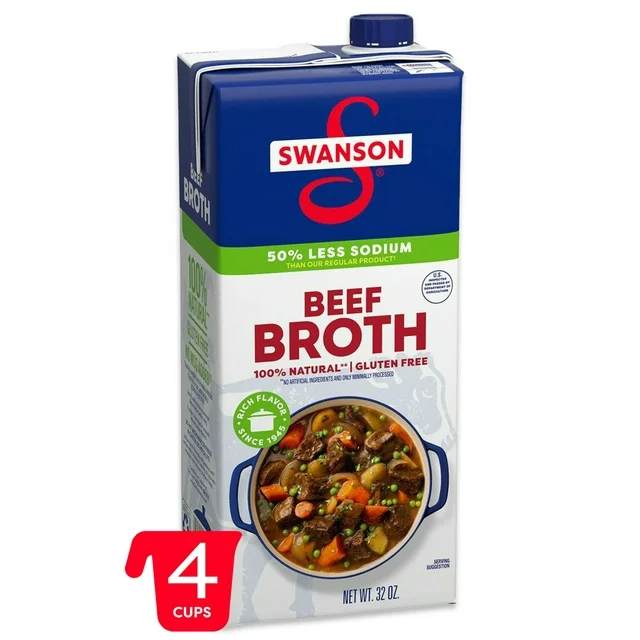 Swanson 100% Natural, 50% Less Sodium Beef Broth, 32 oz Carton