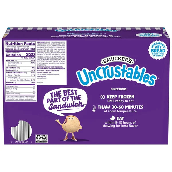 Smucker's Uncrustables, Peanut Butter & Grape Jelly Sandwich, 18 count