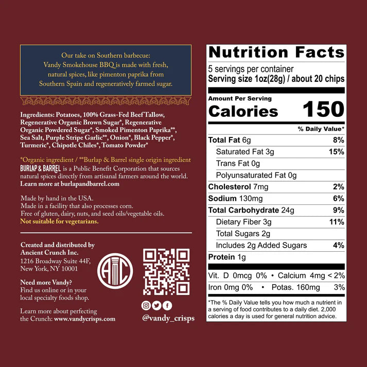 Vandy Smokehouse BBQ Classic Potato Chips 5 oz (100% Grass-Fed Beef Tallow)