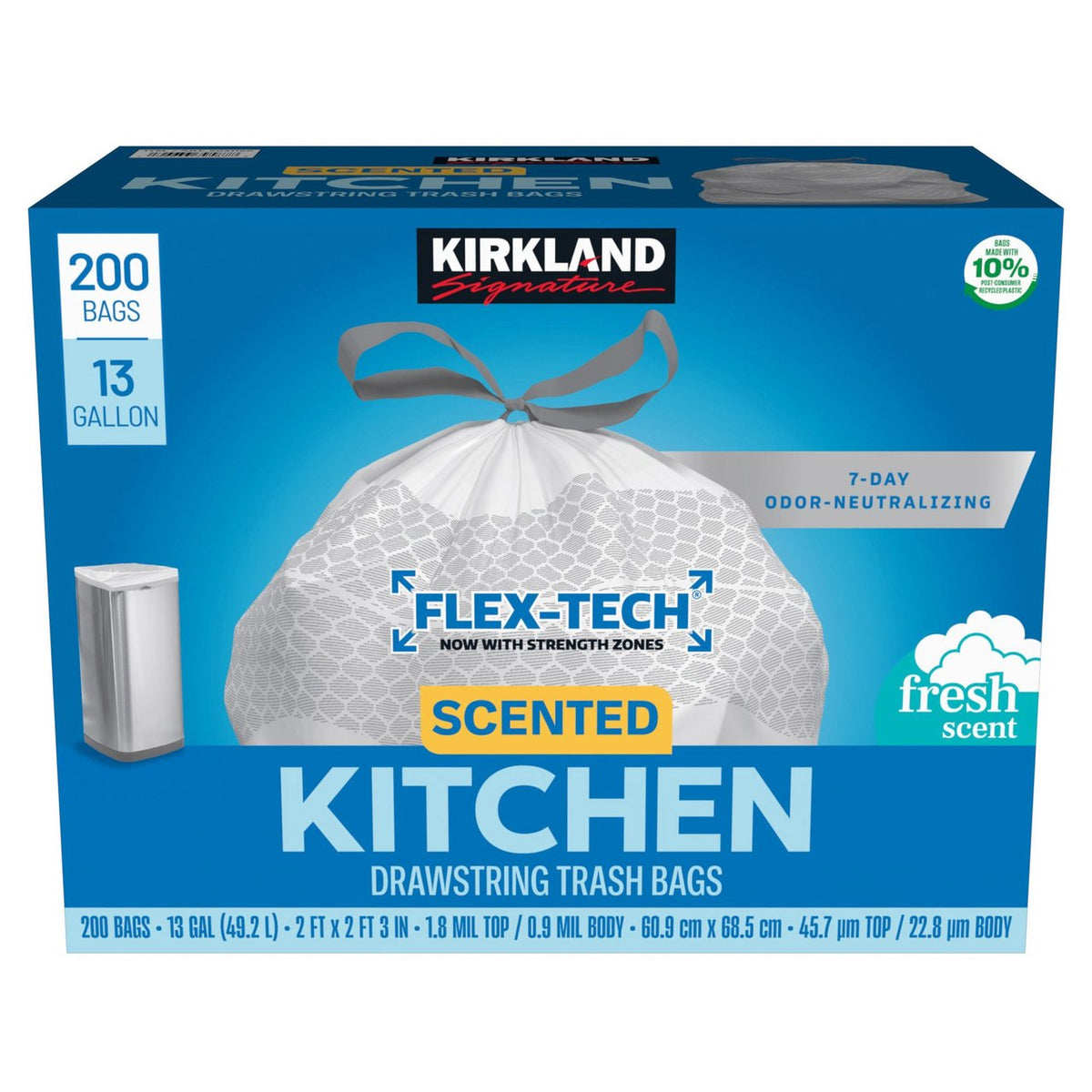 Kirkland Signature Scented Kitchen Drawstring Trash Bags, Flex-Tech, Fresh Scent, White, 13 Gallon, 200 ct