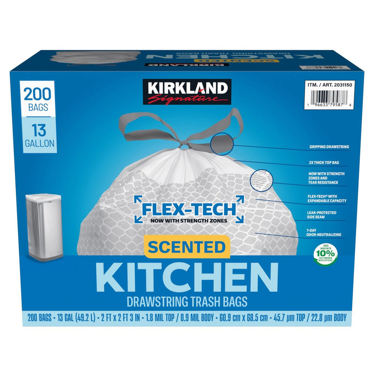 Kirkland Signature Scented Kitchen Drawstring Trash Bags, Flex-Tech, Fresh Scent, White, 13 Gallon, 200 ct