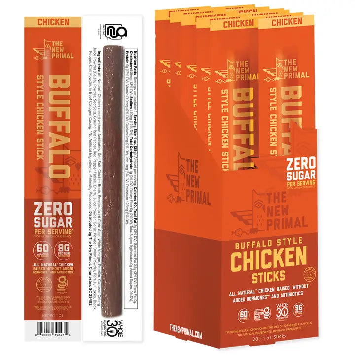 The New Primal - Buffalo Style All-Natural Chicken Meat Sticks, Zero Sugar (Box of 20)