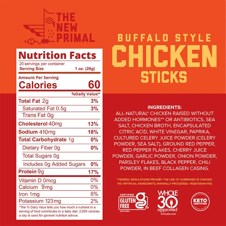 The New Primal - Buffalo Style All-Natural Chicken Meat Sticks, Zero Sugar (Box of 20)