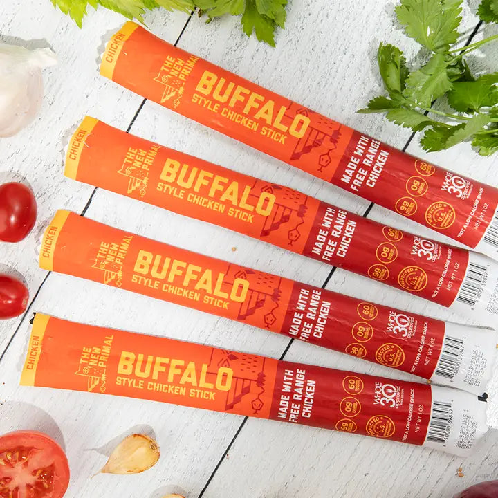 The New Primal - Buffalo Style All-Natural Chicken Meat Sticks, Zero Sugar (Box of 20)