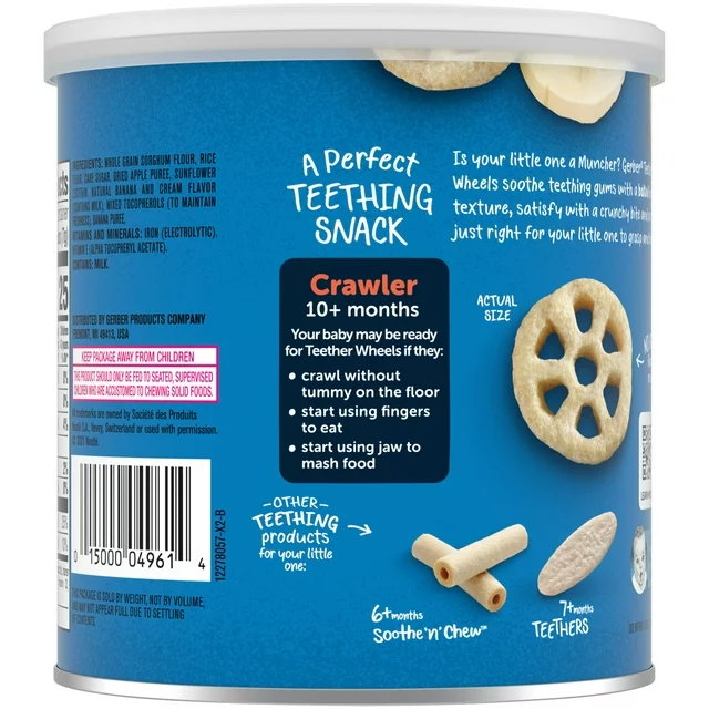 Gerber Snacks for Baby Teether Wheels, Banana Cream, 1.48 oz Canister